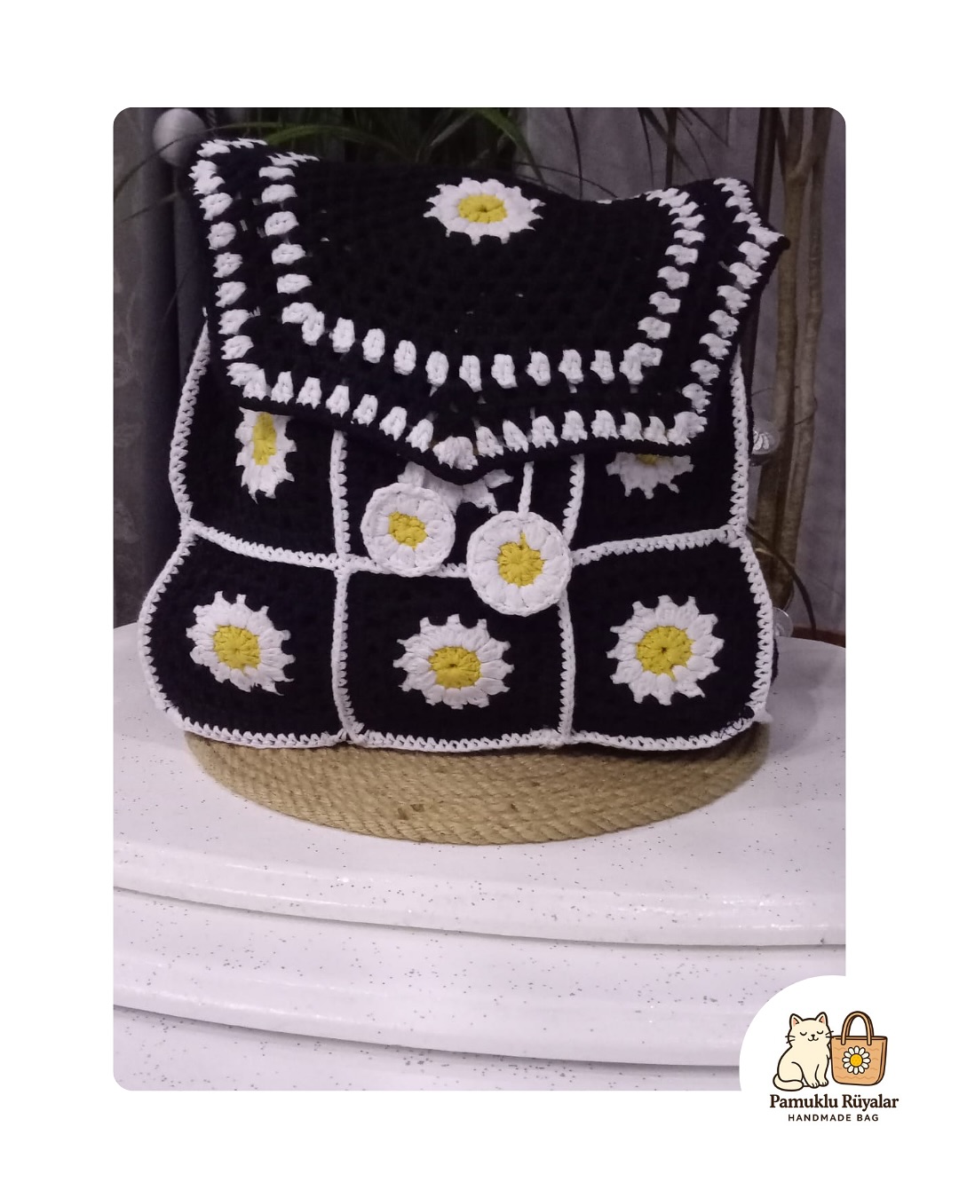 Papatya Desenli El Yapımı Sırt Çantası